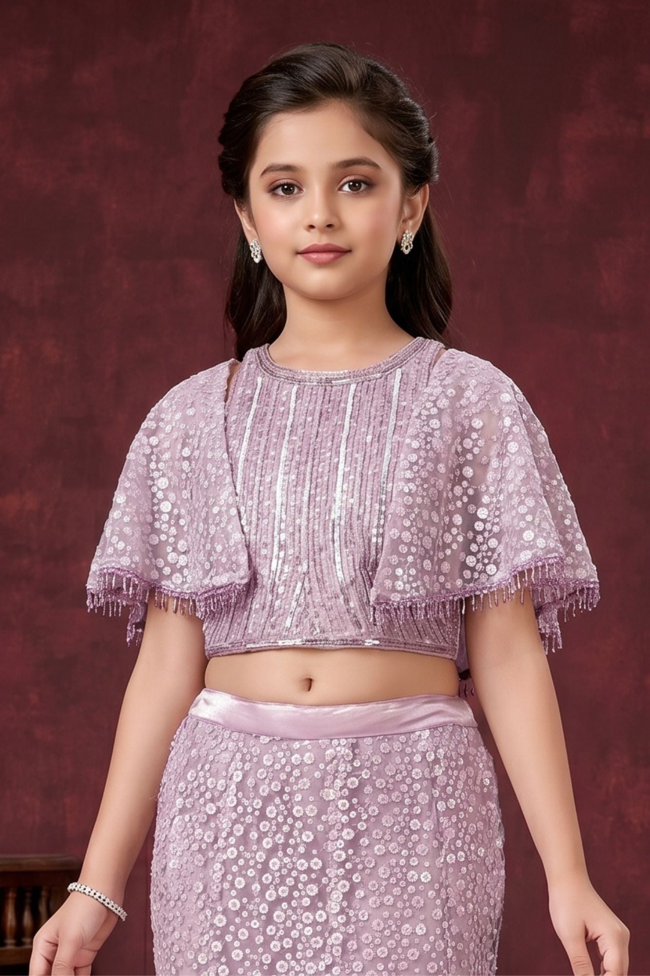 Lavender Sequin Embroidered Cape Style Lehenga Choli For Girls