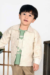 Off White Overcoat With Green T-Shirt And Brown Pant Set For Boys