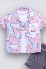 Pink Printed Shirt And Shorts Set With White T-shirt For Boys