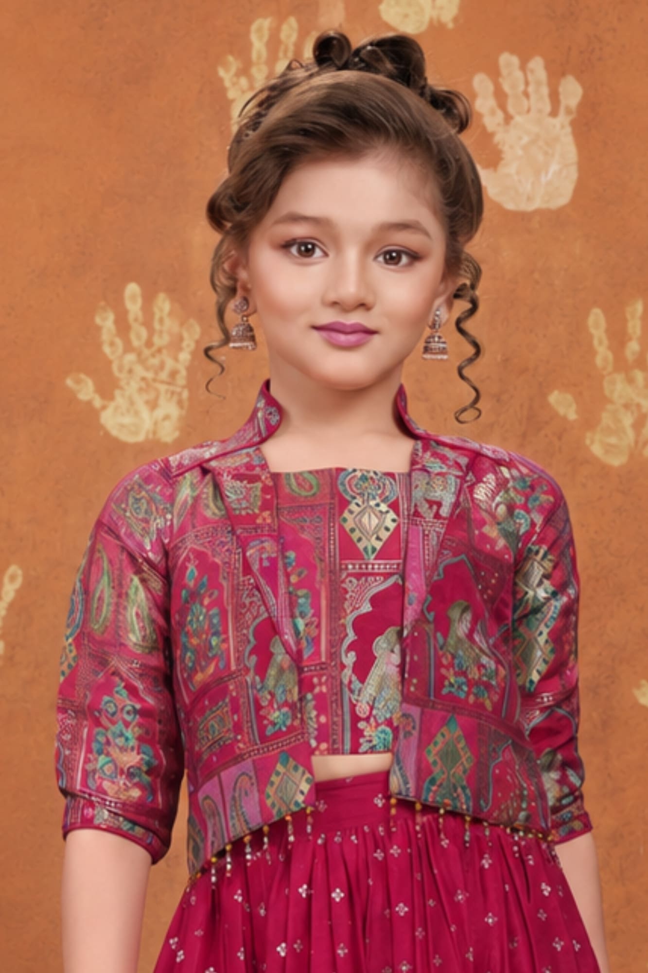 Girls Rani Pink Printed Palazzo Set with Jacket and Palazzo Pants