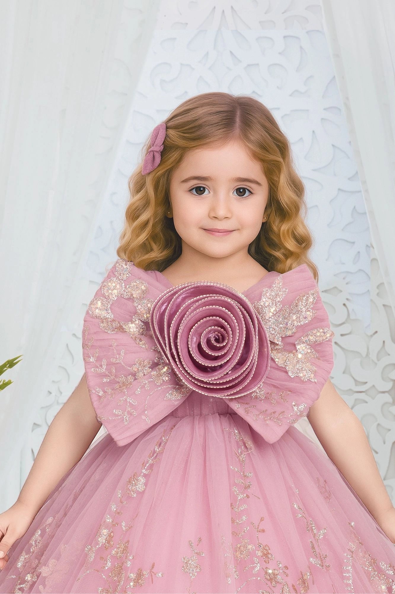 Pink Ball Gown with Oversized Rosette Bow & 3D Floral Applique For Girls