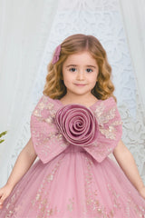 Pink Ball Gown with Oversized Rosette Bow & 3D Floral Applique For Girls