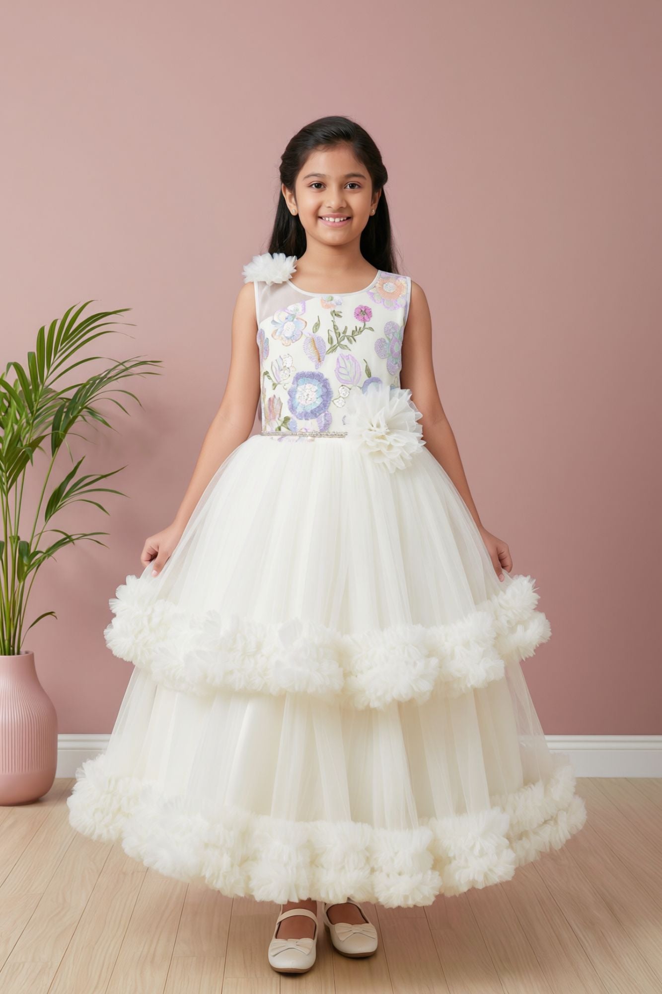 Off-White Floral Embroidered Net Party Gown with Layered Ruffle Hem For Girls