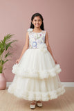 Off-White Floral Embroidered Net Party Gown with Layered Ruffle Hem For Girls