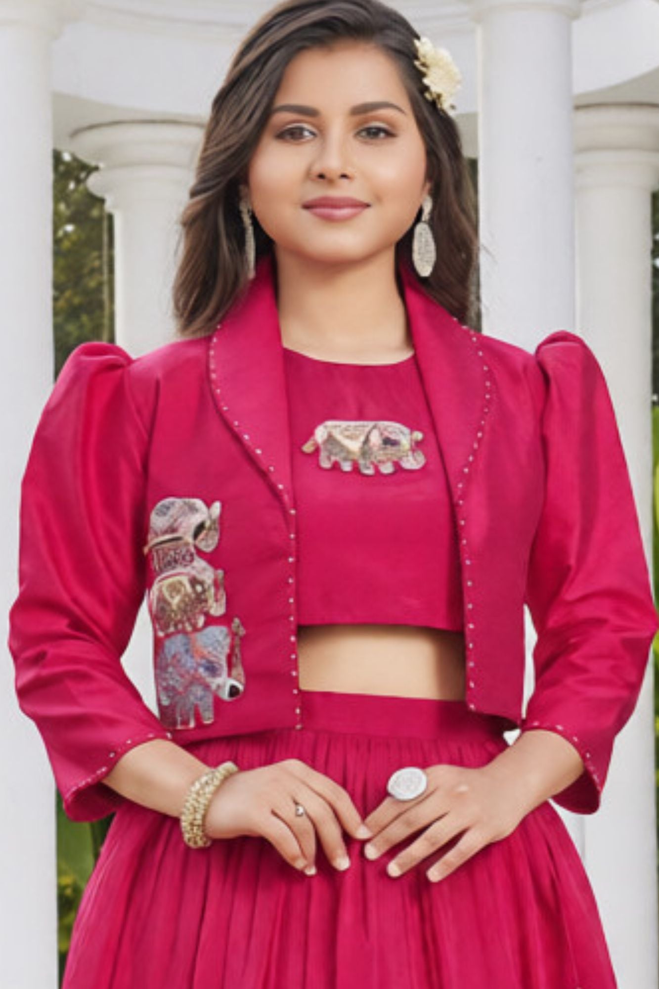 Rani Pink Embroidered Lehenga Choli With Jacket For Girls