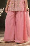 Girls Pink Palazzo Set with Heavy Floral Embroidered Kurti And Dupatta