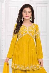 Mustard Yellow Embroidered Kurti And Palazzo Set With Dupatta For Girls