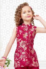 Rani Pink Sequins Embroidery And Printed Palazzo Set With Sling Bag For Girls