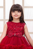 Maroon Sequin Work And Bow Embellished Party Frock For Girls