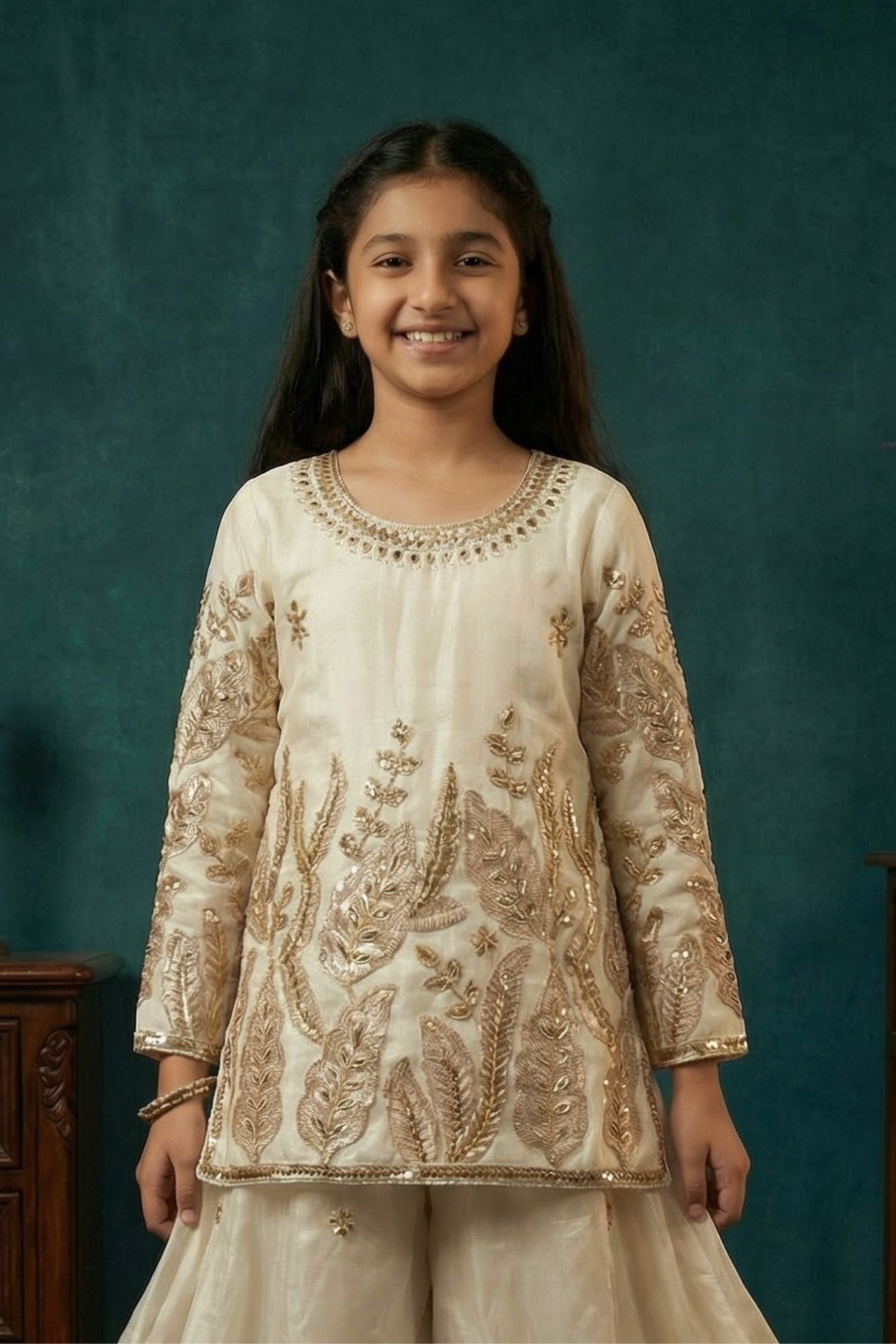 Cream Heavy Embroidered Palazzo Set For Girls