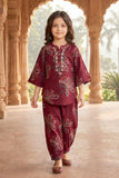 Maroon Floral Printed With Mirror Work Placket Co-ord Set For Girls