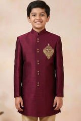 Elegant Boys Wine Sherwani with Gold Motif Embroidery And Pyjama Set