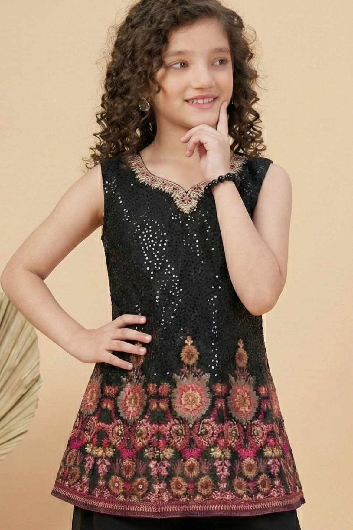 Black Sequin Embroidered Palazzo Set with Dupatta For Girls
