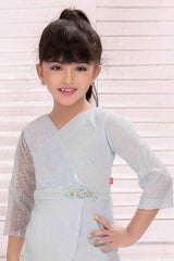 Blue 3/4th Sleeves And Sequins Work With Floral Embellished Dress For Girls