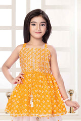 Yellow Bandhani Printed And Embroidered Top With Dhoti Set For Girls