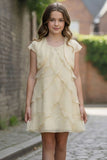 Cream Layered Ruffled Party Dress With Shrug For Girls