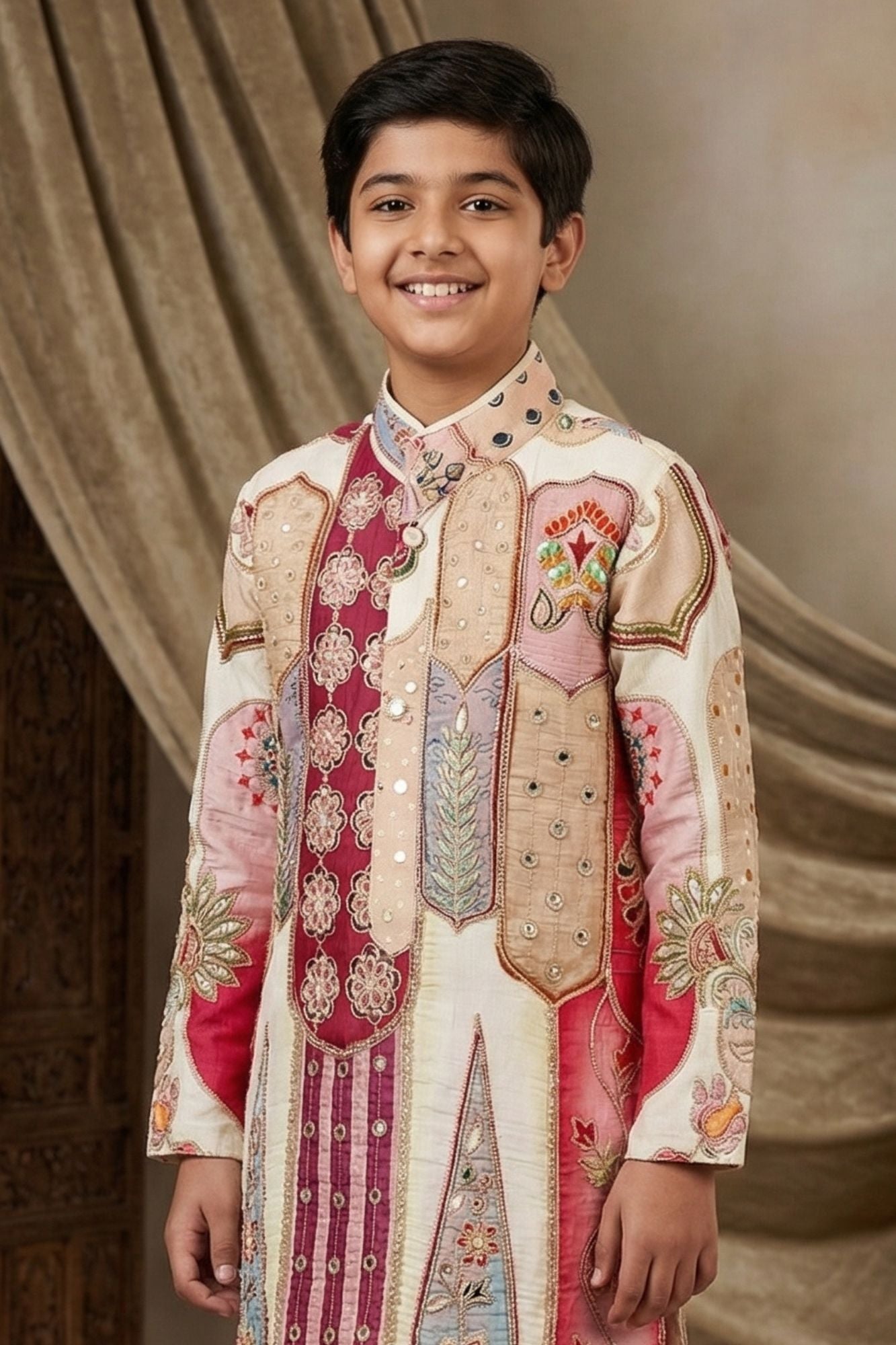 Ivory Mirror Embroidered Kurta Set With Pajama For Boys