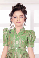 Ethnic Pista Green Puff Sleeves With Mirror Embroidered Gown For Girls