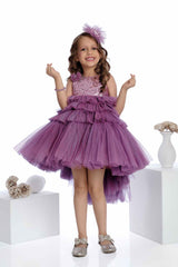 Onion Pink Sleeveless Bushy And Tail Back Frock With Sequin Work For Girls