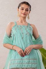 Pista Green Mirror Work And Embroidery Palazzo Set For Girls