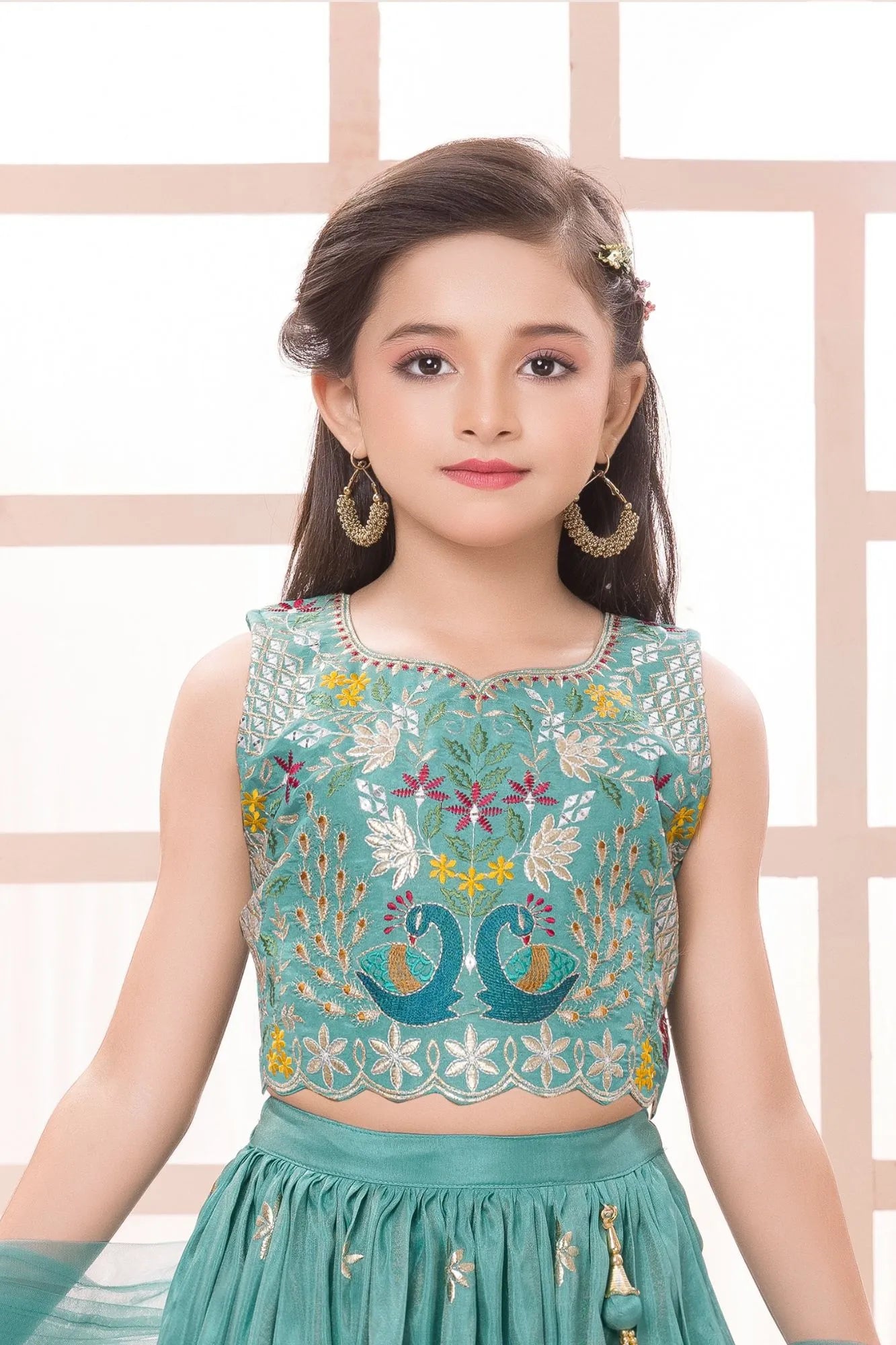 Teal Green Peacock Embroidered Lehenga Choli with Dupatta For Girls