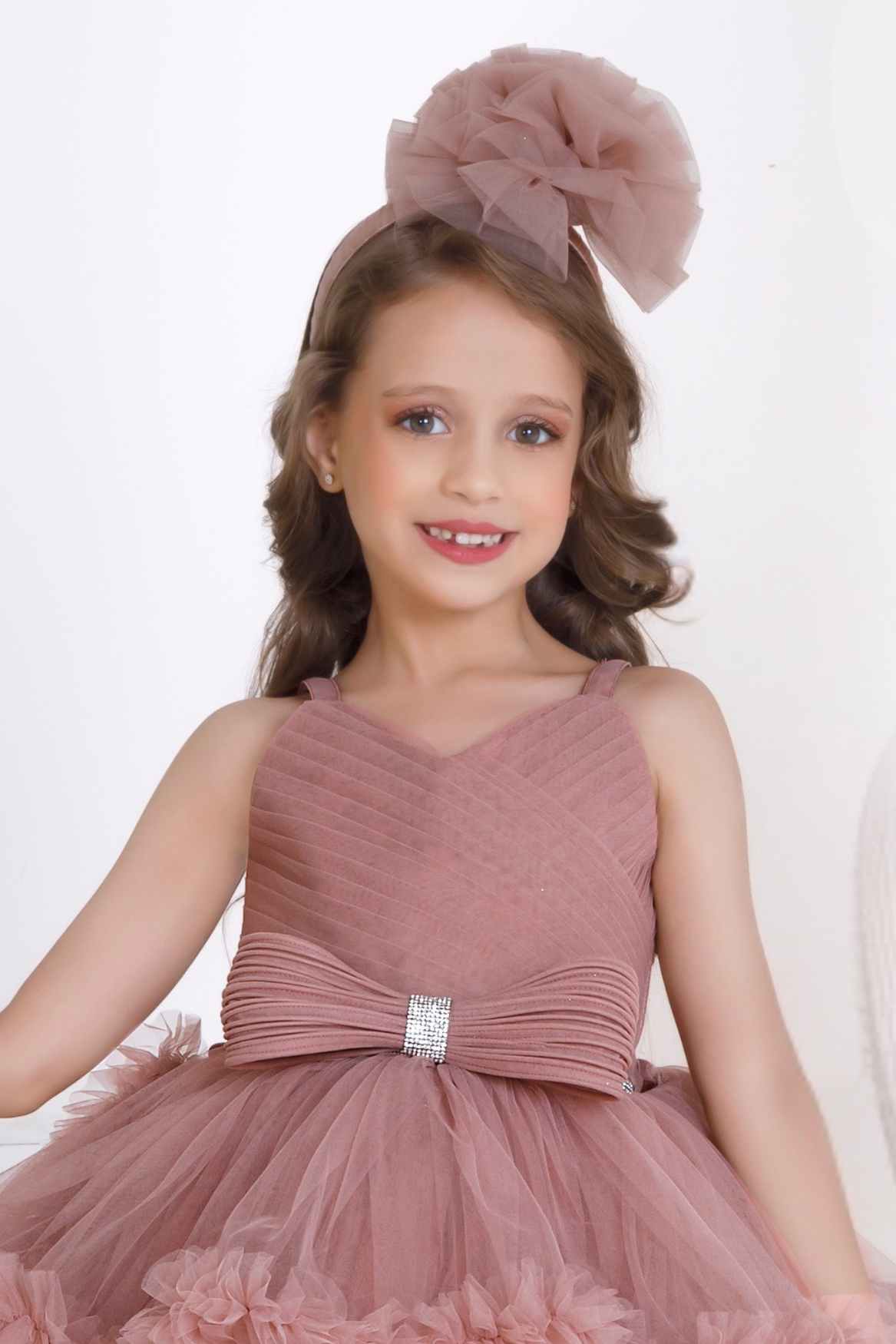 Dusty Pink Ruffle And Layered High-Low Party Tailback Frock for Girls