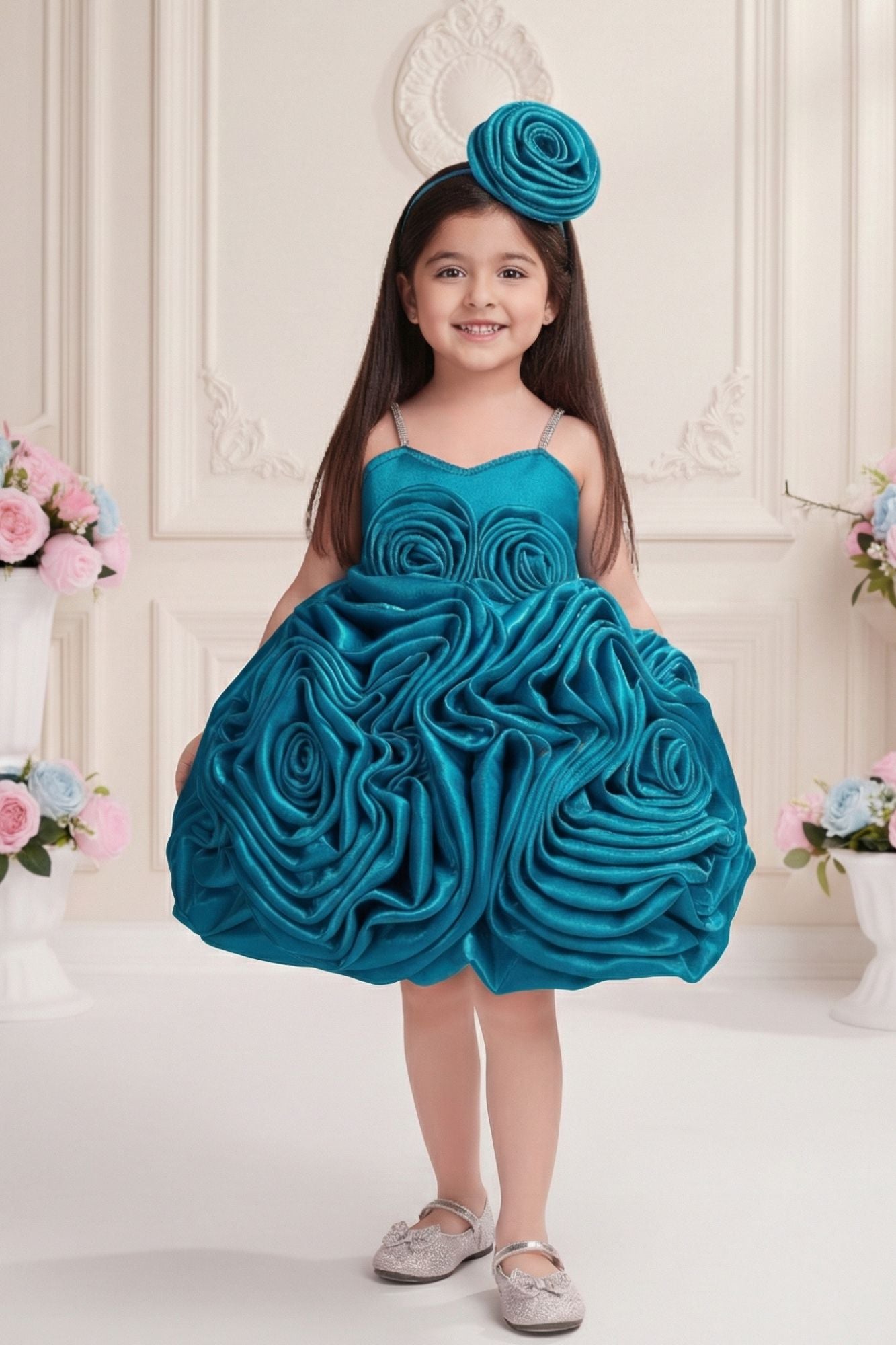 Teal 3D Rosette Appliqué Party Wear Frock For Girls