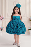 Teal 3D Rosette Appliqué Party Wear Frock For Girls