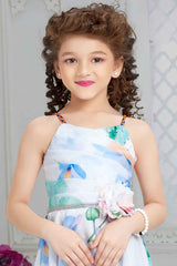 White Floral Printed And Floral Embellishment Gown For Girls