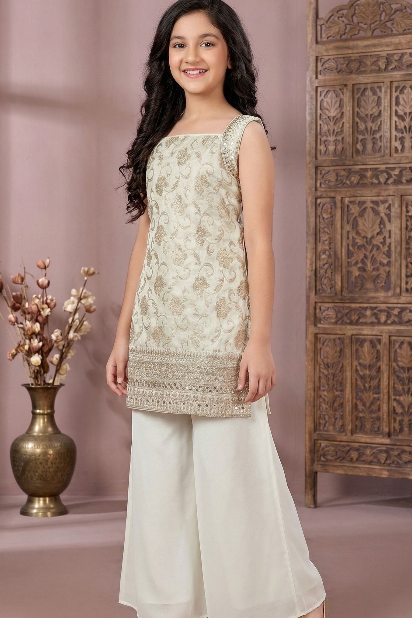 Cream And Golden Embroidered Palazzo Set For Girls