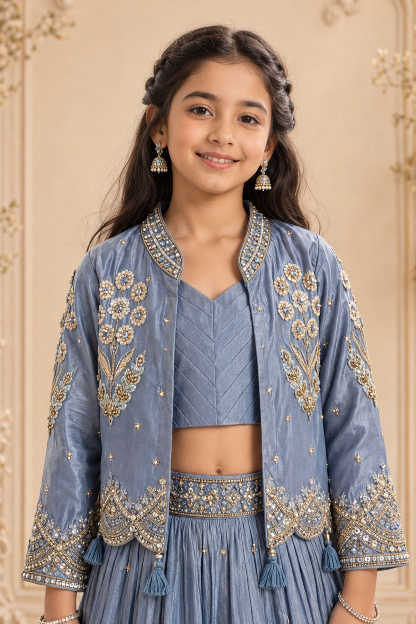Dusty Blue Heavy Floral Embroidered Lehenga Choli with Jacket