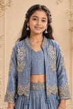 Dusty Blue Heavy Floral Embroidered Lehenga Choli with Jacket