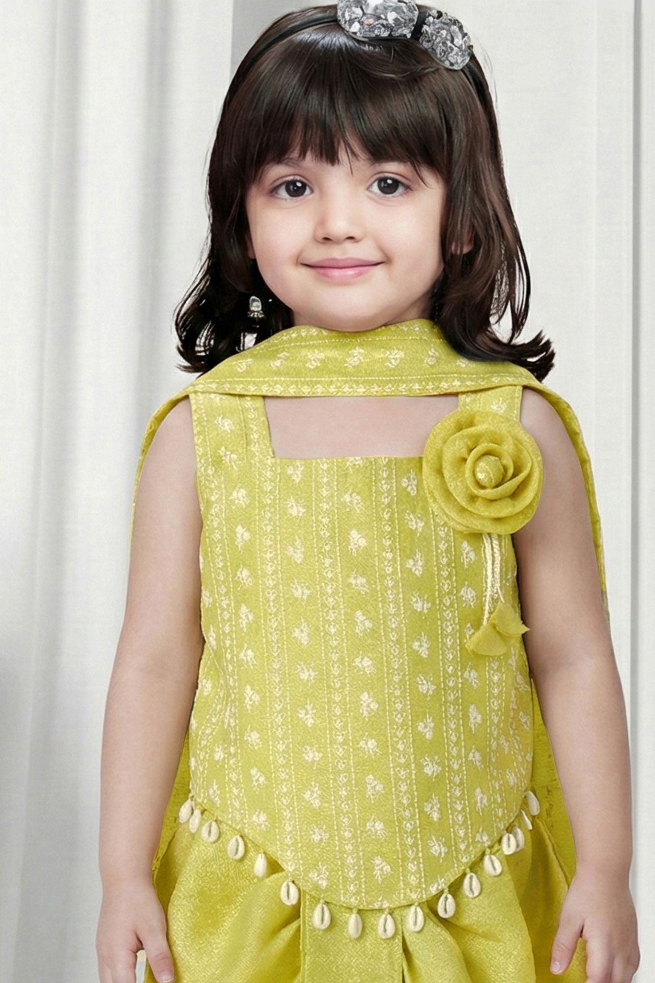 Light Green Floral Dhoti Set with Cowrie Shell Detailing For Girls