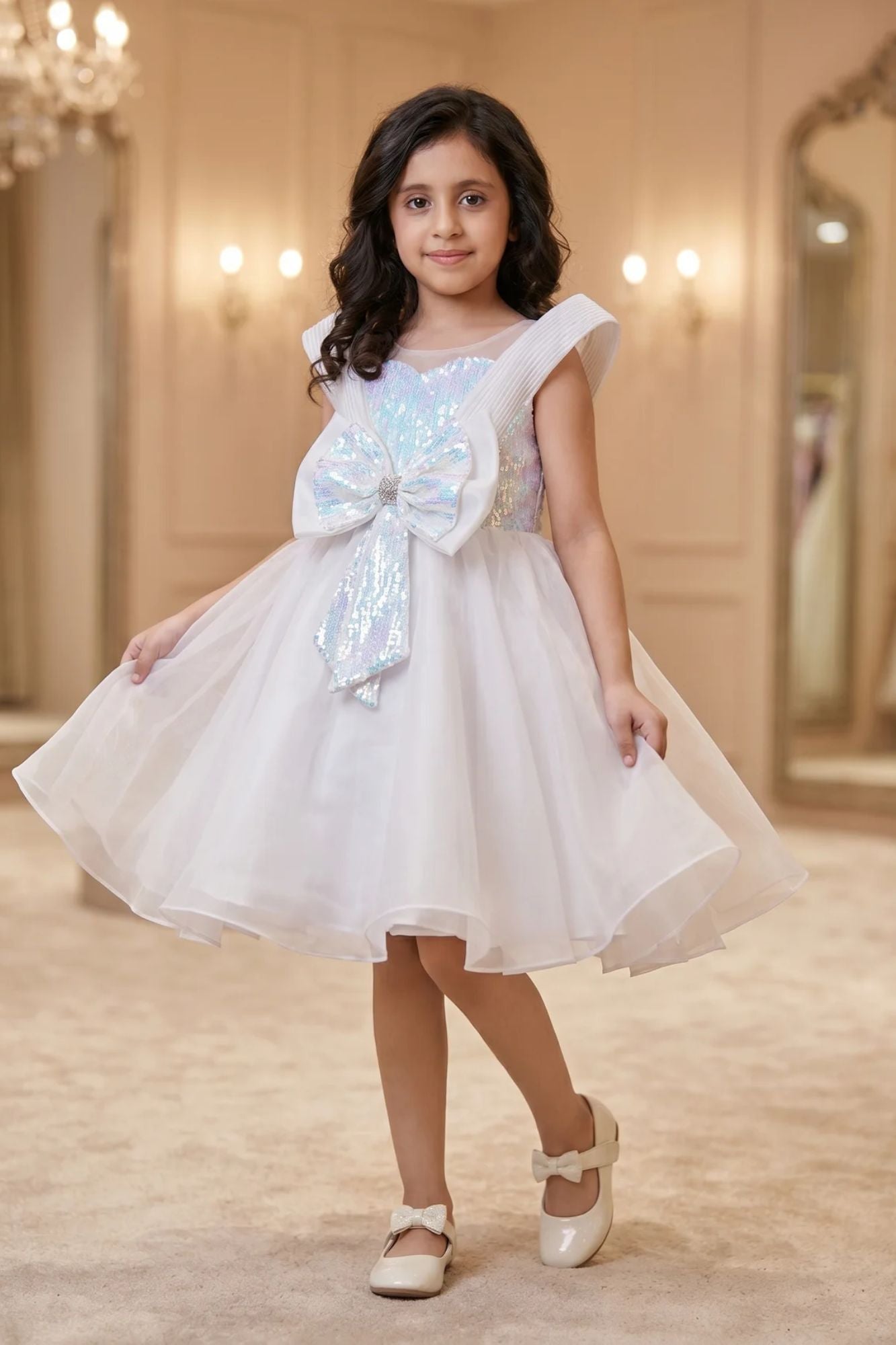 White Embellished Party Wear Frock with Structured Shoulder Straps For Girls