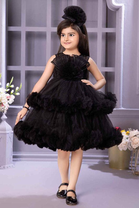 Black Frock With Floral Embellishment For Girls