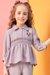 Onion Pink Calf Length Sleeves With Floral Embroidered Top And Pant Co-Ord Set For Girls