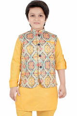 Gold Kurta With Printed Bandi Set For Boys