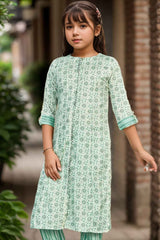 Green Printed And Stone Work Kurta With Pant Set For Girls