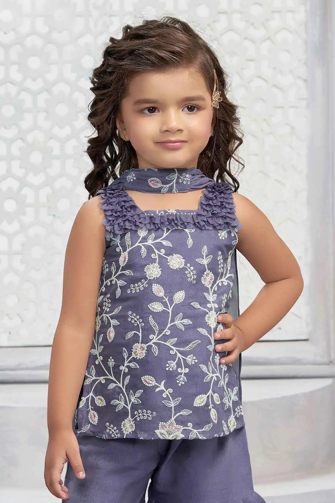 Purple Embroidered Sharara Set With Dupatta For Girls