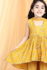 Mustard Sequin And Printed Alia Cut Sharara Set For Girls