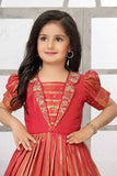 Red Stone Work And Embroidered Banarasi Ethnic Gown For Girls