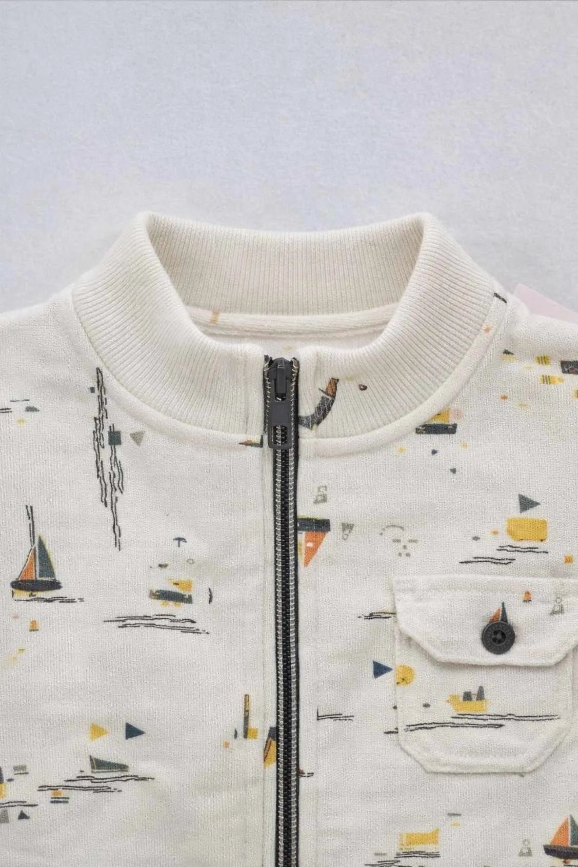 Cream Printed Full-Sleeve Jacket with Front Zip For Boys