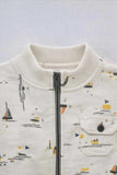 Cream Printed Full-Sleeve Jacket with Front Zip For Boys
