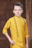 Mustard Yellow Asymmetric Kurta Set with White Pajama For Boys