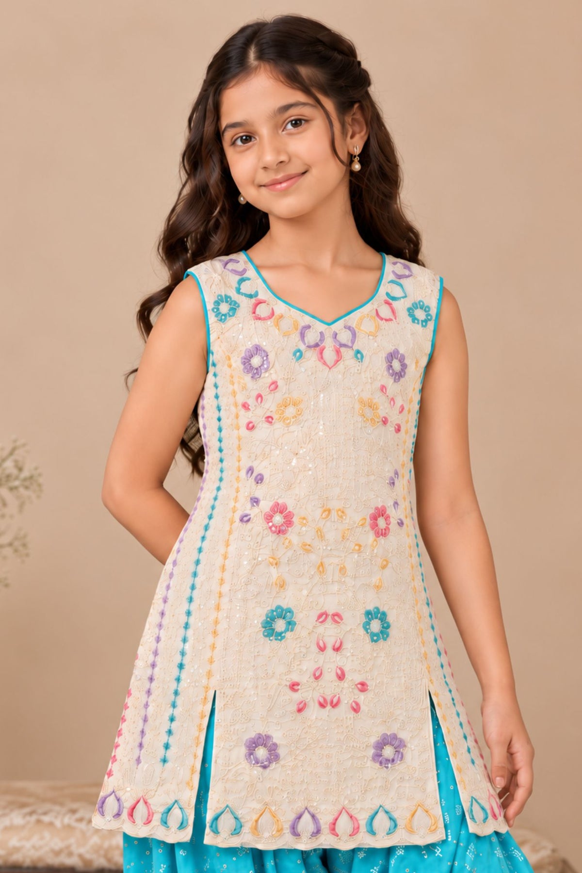 Blue Embroidered Patiala Set with Dupatta For Girls