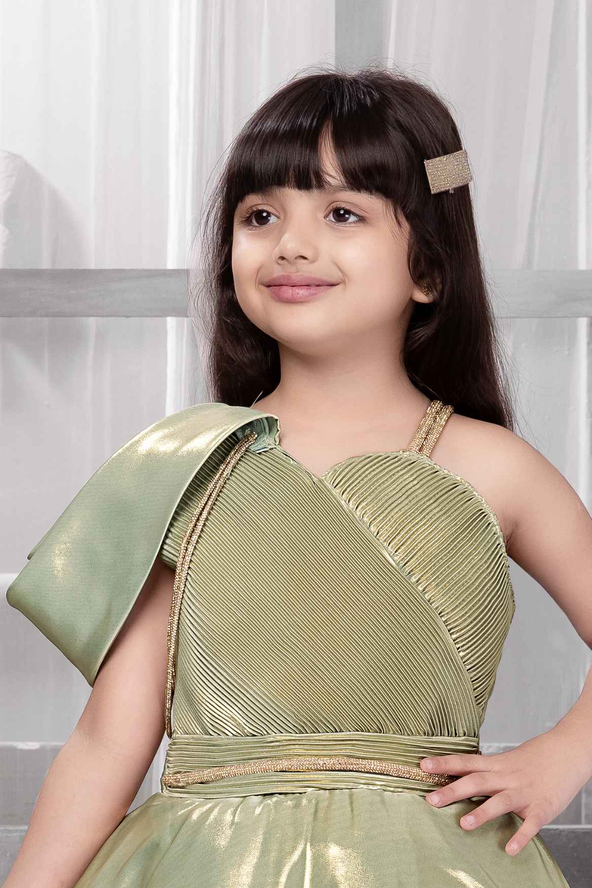 Shimmery Green One-Shoulder Party Wear Frock With Draped Detail For Girls