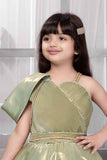Shimmery Green One-Shoulder Party Wear Frock With Draped Detail For Girls
