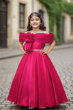 Rani Pink Off-Shoulder Pleated Bow Party Gown For Girls