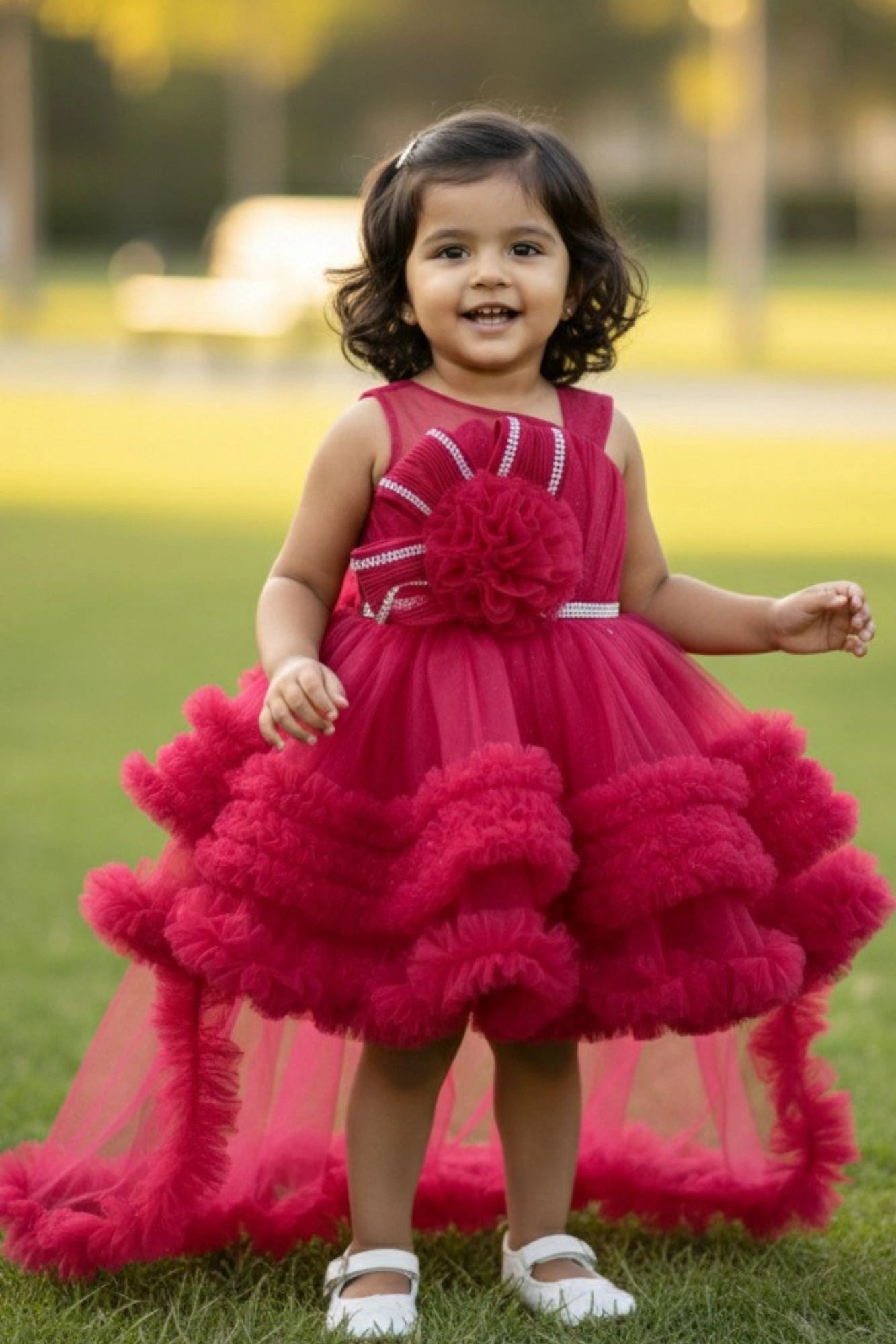 Pink Party Frock with Ruffled Layers and Statement Bow and Tailback For Girls