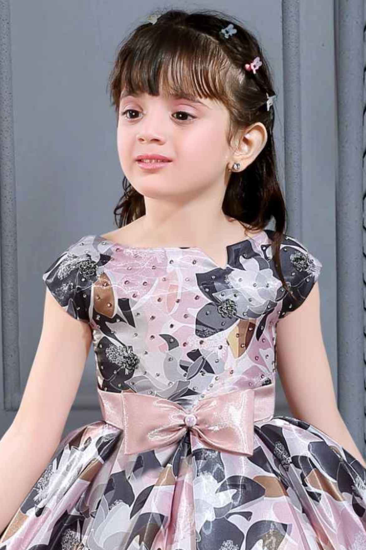 Floral Printed Black And Pink Satin Partywear Frock For Girls